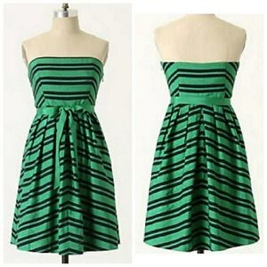 ANTHROPOLOGIE MOULINETTE SOEURS Grosgrain Peaks Striped Strapless Dress Green 0